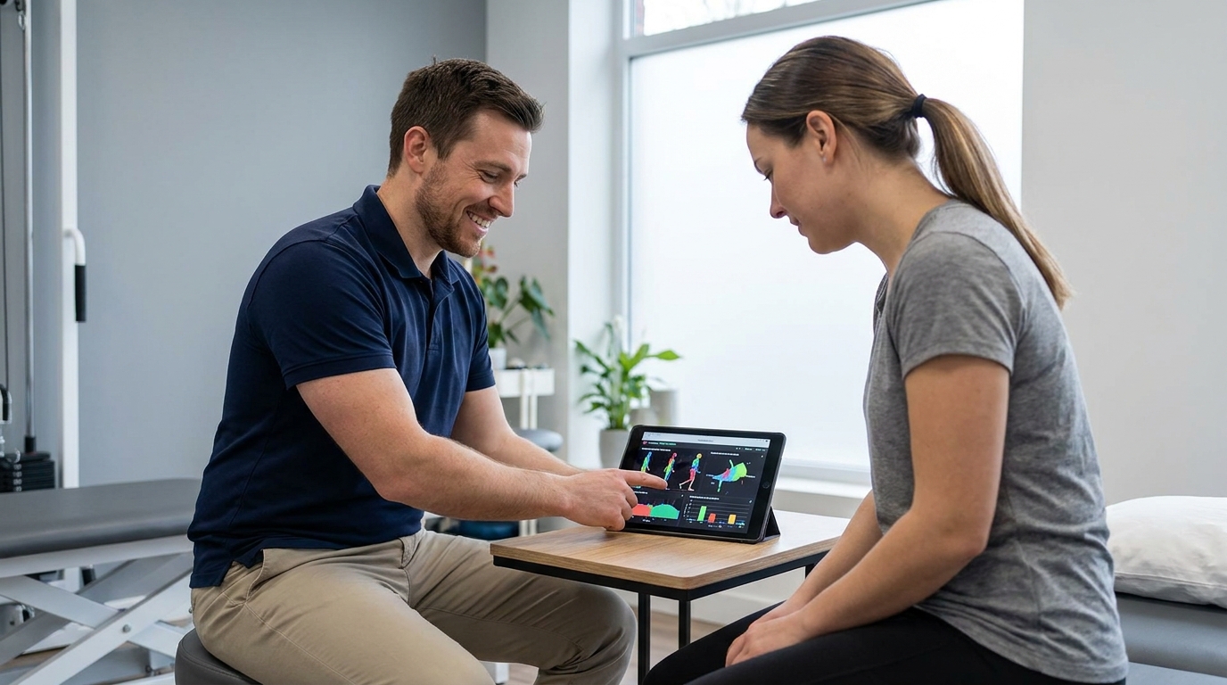 Physiotherapist reviewing a tailored recovery plan on a tablet with a patient