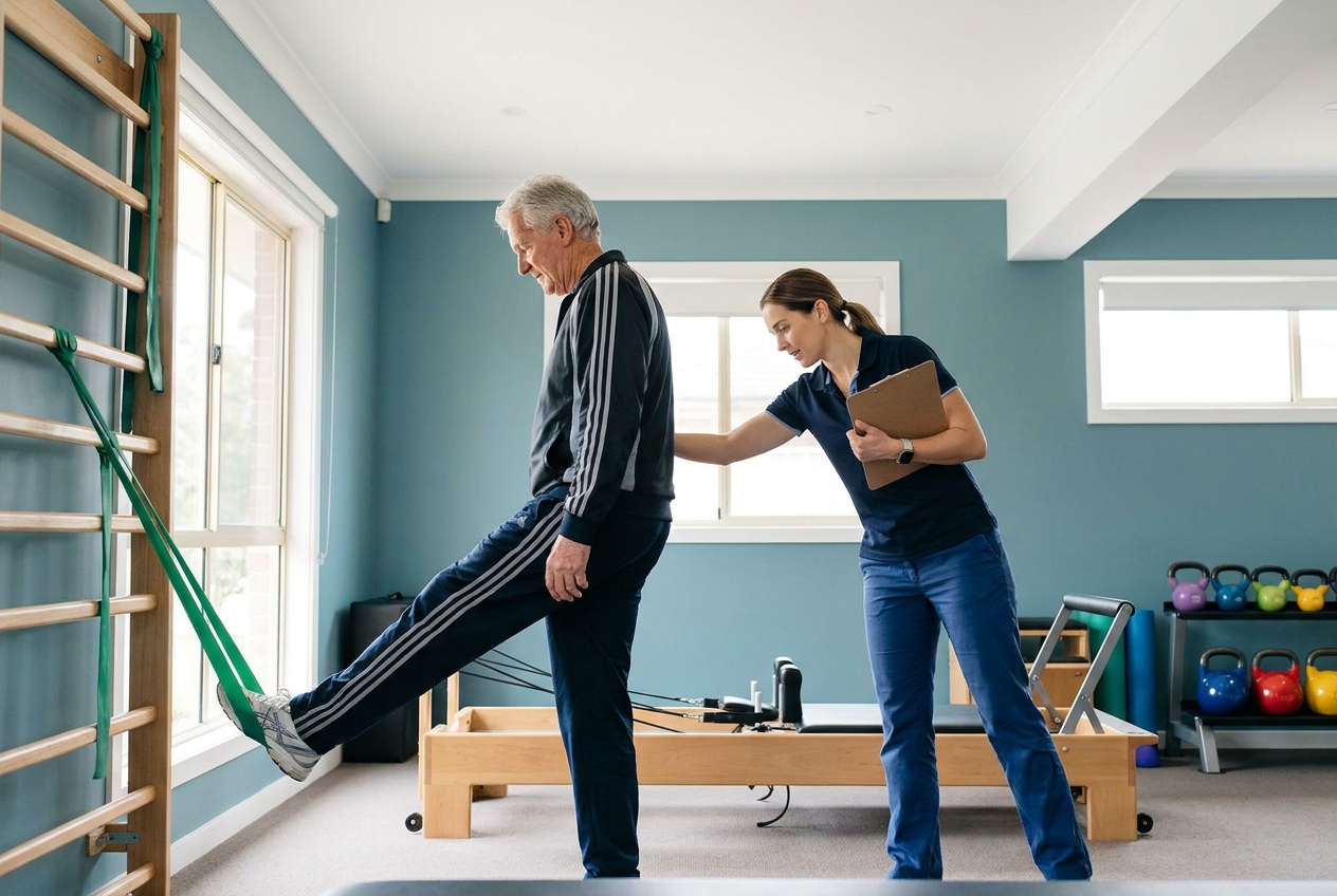 Older adult doing a standing resistance-band leg exercise with a physiotherapist's support
