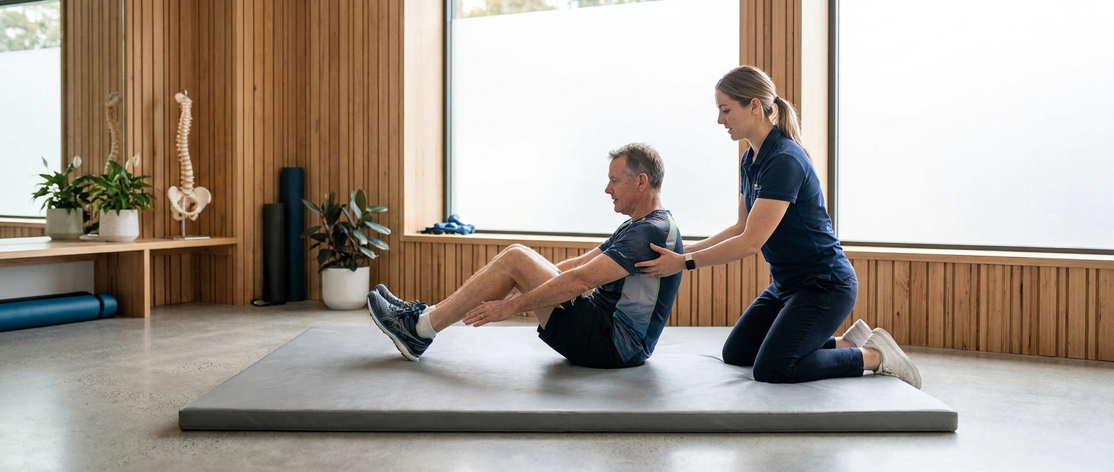 Physiotherapist guiding a patient through core strengthening before joint replacement surgery