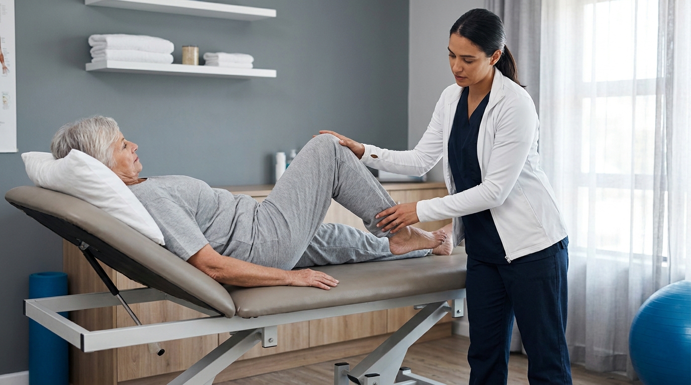 Physiotherapist guiding a seated patient through a gentle knee-bend exercise on a padded plinth