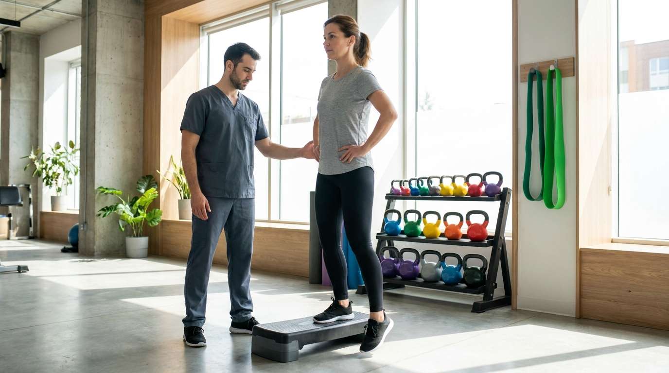 Patient performing a guided calf raise exercise with physiotherapist supervision