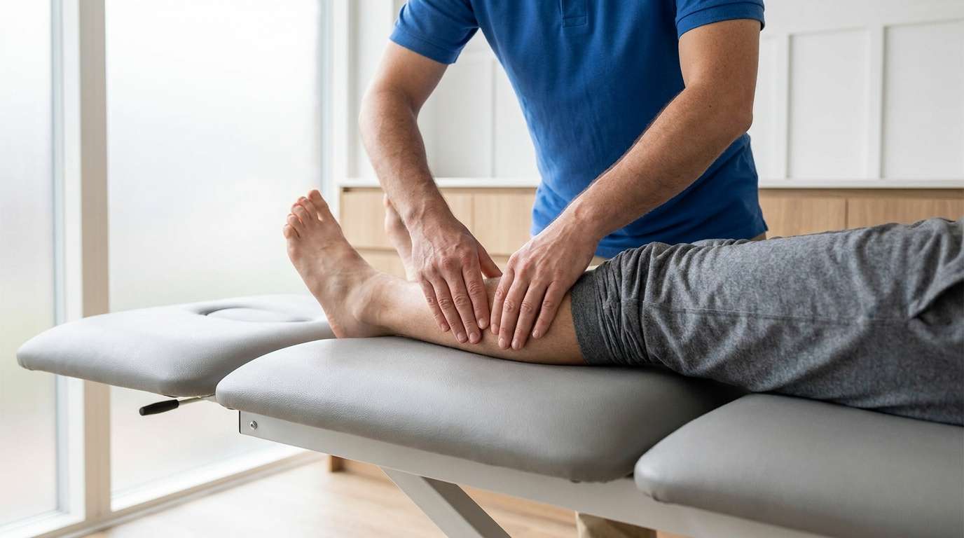 Physiotherapist palpating a patient's inner shin to assess shin splints tenderness