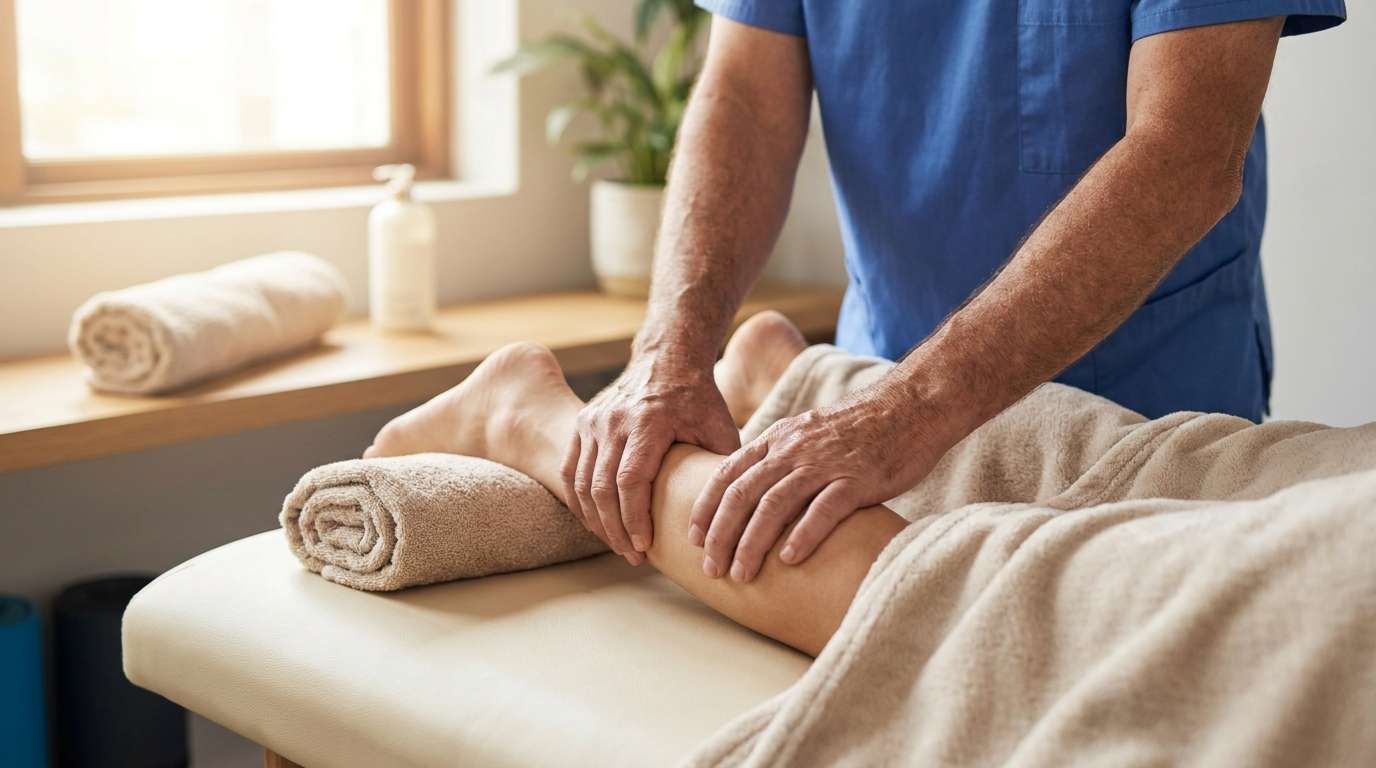 Hands-on manual therapy being performed on a patient's lower calf